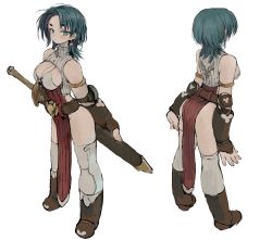 Rule 34 | 1girl, bare shoulders, blue eyes, blue hair, boots, breasts, brown footwear, brown gloves, cleavage cutout, closed mouth, clothing cutout, commentary request, earrings, ebimomo, elbow gloves, fingerless gloves, full body, gloves, highres, holding, holding sword, holding weapon, jewelry, large breasts, medium hair, multiple views, pelvic curtain, riula (stones of dragon), scabbard, sheath, sheathed, simple background, single earring, standing, stones of dragon, sword, thighhighs, weapon, white background, white thighhighs