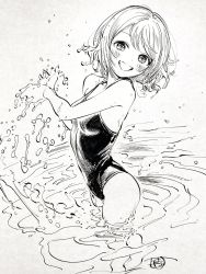 Rule 34 | 1girl, bare arms, blush, breasts, cowboy shot, greyscale, hands up, highres, hiro (dismaless), looking at viewer, looking to the side, love live!, love live! sunshine!!, medium hair, monochrome, open mouth, partially submerged, scan, school swimsuit, signature, small breasts, smile, solo, splashing, swimsuit, traditional media, watanabe you