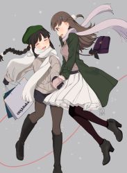 Rule 34 | 10s, 2girls, alternate costume, ankle boots, bag, black gloves, black hair, blunt bangs, blush, boots, bow, braid, brown eyes, brown hair, character name, closed eyes, coat, gloves, hair bow, handbag, hat, high heel boots, high heels, holding hands, kantai collection, kitakami (kancolle), knee boots, long hair, mittens, multiple girls, ooi (kancolle), pantyhose, scarf, shopping bag, simple background, single braid, skirt, smile, sweater, ume (plumblossom), yuri