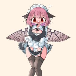 Rule 34 | 1girl, alternate costume, animal ears, apron, bird ears, bird wings, black dress, black thighhighs, blush, breasts, brown wings, cleavage, collared shirt, commission, dress, enmaided, feathered wings, feet out of frame, frilled apron, frilled dress, frilled shirt collar, frills, garter straps, highres, kasuya baian, large breasts, long sleeves, maid, maid apron, maid headdress, mystia lorelei, open mouth, pink hair, pixiv commission, red eyes, shirt, short hair, solo, thighhighs, touhou, waist apron, white apron, white shirt, wings, yellow background