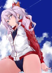 Rule 34 | 1girl, black one-piece swimsuit, blue eyes, blue sky, cloud, commentary request, competition swimsuit, contrail, cowboy shot, from below, jacket, kantai collection, kashima (kancolle), looking at viewer, multicolored jacket, one-piece swimsuit, sidelocks, silver hair, sky, solo, standing, swimsuit, swimsuit under clothes, track jacket, twintails, two-tone jacket, wavy hair, yumesato makura