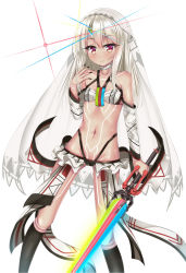 Rule 34 | 10s, 1girl, altera (fate), altera (fate) (cosplay), bad id, bad pixiv id, black socks, black nails, breasts, cameltoe, closed mouth, collarbone, cosplay, dark-skinned female, dark skin, detached sleeves, fate/extella, fate/extra, fate/kaleid liner prisma illya, fate (series), fingernails, full-body tattoo, groin, hand up, highres, holding, holding sword, holding weapon, illyasviel von einzbern, kneehighs, long hair, long sleeves, looking at viewer, microskirt, nail polish, navel, photon ray (fate), puririn, red eyes, revealing clothes, see-through, silver hair, simple background, skirt, small breasts, socks, solo, sword, tattoo, veil, weapon, white background, white skirt