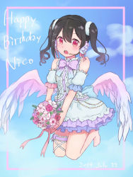 Rule 34 | 1girl, aqua background, artist name, artist request, barefoot, black hair, blue wings, blush, bow, drill hair, feet, female focus, floating, flower, full body, hair between eyes, hair flower, hair ornament, hair ribbon, twirling hair, highres, long hair, looking at viewer, love live!, love live! school idol festival, love live! school idol project, pink ribbon, purple flower, red bow, red eyes, ribbon, skirt, smile, solo, thigh strap, twin drill, twin drills, twintails, white ribbon, white skirt, wings, yazawa nico
