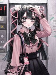 Rule 34 | 1girl, arm up, bag charm, bags under eyes, black bow, black hair, black skirt, blouse, bow, charm (object), closed mouth, collared shirt, commentary request, elevator, hair ornament, hair ribbon, highres, indoors, jirai kei, lace trim, long hair, long sleeves, looking at viewer, min (mts2314), original, pink bag, pink lips, pink ribbon, pink shirt, pleated skirt, ribbon, shirt, sign, skirt, solo, standing, stuffed animal, stuffed toy, suspender skirt, suspenders, twintails