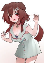 Rule 34 | 1girl, :3, animal collar, animal ears, blush, bone hair ornament, braid, breasts, brown eyes, brown hair, buttons, claw pose, cleavage, collar, collarbone, dismassd, dog ears, dog girl, dog tail, double-parted bangs, dress, hair between eyes, hair ornament, hairclip, highres, hololive, inugami korone, inugami korone (1st costume), large breasts, long hair, looking at viewer, low twin braids, open mouth, red collar, short dress, simple background, sleeveless, sleeveless dress, solo, tail, tongue, twin braids, virtual youtuber, white background, white dress
