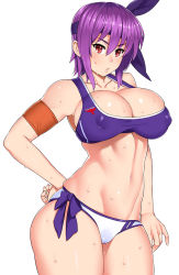 Rule 34 | 1girl, ayane (doa), breasts, cameltoe, cleavage, cleft of venus, collarbone, covered erect nipples, cowboy shot, dead or alive, female focus, hairband, highres, large breasts, lips, looking at viewer, parted lips, purple hair, red eyes, short hair, simple background, skindentation, solo, sports bikini, standing, sweat, white background, zonda (solid air)