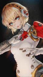 Rule 34 | 1girl, aegis (persona), android, blonde hair, blue eyes, finger cannon, hairband, headphones, highres, joints, looking at viewer, magion02, persona, persona 3, persona 3 reload, robot joints, short hair, solo