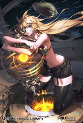 Rule 34 | 1girl, bare shoulders, bikini, bikini top only, black bikini, black thighhighs, blonde hair, blue eyes, eyepatch, hat, kneeling, leaning forward, long hair, looking at viewer, navel, hugging object, open fly, parted lips, qurare magic library, shihyun, shorts, solo, swimsuit, thighhighs, unzipped, very long hair, watermark