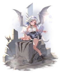 Rule 34 | 1girl, bare shoulders, black footwear, black skirt, black socks, blouse, blue eyes, borrowed character, braid, breasts, clip studio paint (medium), collarbone, commentary request, dragon tail, dragon wings, fingernails, grey hair, highres, large breasts, looking at viewer, medium hair, open mouth, original, parted bangs, sharp fingernails, shirt, shoes, skirt, sleeveless, sleeveless shirt, socks, solo, tail, usuki (graygreed), white shirt, wings