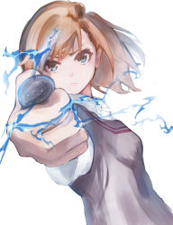 Rule 34 | 1girl, :&lt;, absurdres, action, aiming, aiming at viewer, attack, blue eyes, bob cut, breasts, brown eyes, brown hair, brown sweater, brown sweater vest, brown vest, clenched hands, closed mouth, coin, dress shirt, dutch angle, electricity, electrokinesis, exciting yume, eyelashes, fantasy, female focus, floating hair, foreshortening, from side, glowing, highres, holding, holding coin, incoming attack, looking at viewer, looking to the side, medium hair, misaka mikoto, multicolored eyes, outstretched arm, psychic, railgun, school uniform, science fiction, shirt, short hair, short sleeves, simple background, small breasts, solo, sweater, sweater vest, toaru kagaku no railgun, toaru majutsu no index, tokiwadai school uniform, upper body, v-shaped eyebrows, vest, white background, white shirt