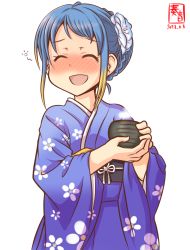 Rule 34 | 1girl, alternate costume, alternate hairstyle, amazake (drink), artist logo, blue hair, blue kimono, cup, dated, closed eyes, floral print, flower, gradient hair, hair flower, hair ornament, japanese clothes, kanon (kurogane knights), kantai collection, kimono, long sleeves, multicolored hair, obi, one-hour drawing challenge, open mouth, samidare (kancolle), sash, simple background, solo, teacup, upper body, white background, wide hips