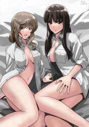 Rule 34 | 2girls, arm support, bottomless, breasts, brown eyes, brown hair, cleavage, girls und panzer, highres, jewelry, large breasts, legs together, long hair, looking at viewer, matsui yasutsugu, mature female, multiple girls, naked shirt, navel, nishizumi shiho, on bed, open clothes, open mouth, open shirt, ring, shimada chiyo, shirt