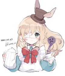 Rule 34 | 1girl, apron, artist name, blonde hair, bow, bowtie, brown hat, closed mouth, commentary request, dated, eyepatch, green eyes, hands up, hat, highres, holding, jikuno, long hair, looking at viewer, medical eyepatch, original, portrait, red bow, simple background, sketch, solo, white background