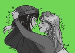 Rule 34 | 2girls, bad source, bag, beanie, blunt bangs, blush, commentary, ear piercing, earrings, eye contact, face-to-face, french commentary, green background, greyscale with colored background, half-closed eyes, hat, heart, hood, hoodie, hoop earrings, hug, imminent kiss, instagram username, jewelry, kininatteru hito ga otoko ja nakatta, koga mitsuki, long hair, looking at another, medium hair, mole, mole under eye, multiple girls, nail polish, norunhian, oosawa aya, open mouth, parted bangs, piercing, shoulder bag, smile, sweater, upper body, wavy hair, yuri