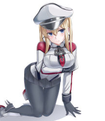Rule 34 | 1girl, black gloves, black pantyhose, black skirt, blonde hair, blue eyes, blush, breasts, finger gun, gloves, graf zeppelin (kancolle), hair between eyes, hat, highres, kantai collection, kneeling, large breasts, leixue kongling, long hair, military, military hat, military uniform, miniskirt, necktie, pantyhose, pleated skirt, simple background, skirt, solo, twintails, uniform, white background