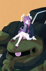 Rule 34 | 1girl, animal ears, blazer, breasts, glowing, gundam, highres, jacket, long hair, long sleeves, looking at viewer, mecha, mobile suit gundam, necktie, purple eyes, purple hair, rabbit ears, red necktie, reisen udongein inaba, robot, sitting on mecha, skirt, svenojilasity, touhou, zaku ii, zeon