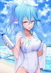 Rule 34 | 1girl, absurdres, ahoge, alternate costume, alternate hairstyle, blue hair, blue sky, bottle, breasts, cleavage, cloud, collarbone, day, elf, hair between eyes, heart, heart ahoge, highres, hololive, huge filesize, large breasts, long hair, looking at viewer, low ponytail, multicolored hair, one-piece swimsuit, open mouth, outdoors, pointy ears, ponytail, pool, poolside, ringobatake, school swimsuit, sky, solo, streaked hair, swimsuit, towel, very long hair, virtual youtuber, water bottle, wet, white one-piece swimsuit, yellow eyes, yukihana lamy