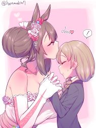 Rule 34 | !, 2girls, absurdres, age difference, animal ears, artist name, braid, breasts, bridal gauntlets, bride, brown hair, child, cleavage, closed eyes, commentary, dress, female trainer (umamusume), flower, groom, hair bun, hair flower, hair ornament, harumakin7, heart, height difference, highres, hishi akebono (taking the first bite) (umamusume), hishi akebono (umamusume), holding hands, horse ears, horse girl, jewelry, kiss, kissing forehead, large breasts, light brown hair, long hair, multiple girls, necklace, onee-loli, pearl necklace, pink background, romaji text, single side bun, spoken exclamation mark, sweatdrop, trainer (umamusume), umamusume, upper body, wedding dress, wife and wife, yuri