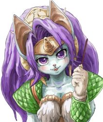 Rule 34 | 1girl, absurdly long hair, angry, animal ear fluff, animal ears, armor, body fur, breasts, chocolate, claws, cleavage, close-up, closed mouth, collarbone, colored eyelashes, eyebrows, eyelashes, food, frown, fur collar, furry, furry female, horns, legend of mana, long hair, looking at viewer, looking away, looking to the side, medium breasts, pocky, profile, purple eyes, purple hair, seiken densetsu, shoulder armor, sierra (lom), single horn, solo, tail, thick eyebrows, upper body, very long hair, watakei (16161717), weapon, wolf ears, wolf girl