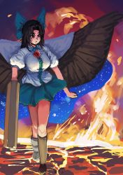Rule 34 | 1girl, absurdres, blue bow, boots, bow, breasts, brown eyes, brown hair, cape, chanta (ayatakaoisii), closed mouth, green skirt, hair bow, highres, large breasts, looking to the side, lava, parted bangs, puffy short sleeves, puffy sleeves, reiuji utsuho, shirt, short sleeves, skirt, solo, space print, spread wings, standing, starry sky print, touhou, walking, white cape, white shirt, wings