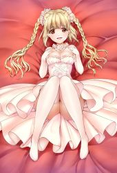 Rule 34 | 1girl, bare shoulders, blonde hair, braid, breasts, cleavage, darwin&#039;s game, detached collar, dress, elbow gloves, flower, from above, full body, gloves, hair flower, hair ornament, long hair, shuka (darwin&#039;s game), smile, solo, takahata yuki, thighhighs, twin braids, wedding dress, white thighhighs