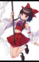 Rule 34 | 1girl, :&gt;, absurdres, blunt bangs, bow, breasts, crop top, detached sleeves, eyebrows hidden by hair, full body, gohei, hair bow, hair tubes, hakurei reimu, highres, holding, holding stick, leste (humansequencer), letterboxed, light blush, midriff, miniskirt, navel, red bow, red eyes, red skirt, ribbon-trimmed sleeves, ribbon trim, shoes, skirt, small breasts, solo, stick, touhou, wide sleeves