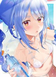 Rule 34 | 1girl, animal ears, bare shoulders, beach, bikini, blue hair, blush, bottle, braid, breasts, carrot, carrot hair ornament, collarbone, cowboy shot, food-themed hair ornament, foreshortening, from above, hair ornament, halterneck, highres, holding, holding bottle, hololive, long hair, looking at viewer, micro bikini, midriff, navel, open mouth, outdoors, rabbit ears, rabbit girl, red eyes, seicoh, side-tie bikini bottom, small breasts, solo, stomach, swimsuit, symbol-shaped pupils, twin braids, twintails, usada pekora, virtual youtuber, water bottle, wet, white bikini