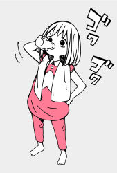 Rule 34 | 1girl, akamatsu yui, barefoot, blush, bottle, commentary request, drinking, full body, grey background, hand on own hip, hand up, highres, holding, holding bottle, katsuwo (cr66g), milk, mitsuboshi colors, motion lines, pajamas, pants, partially colored, pink pants, pink shirt, shirt, short hair, simple background, sleeveless, sleeveless shirt, solo, sound effects, standing, towel, towel around neck