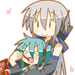 Rule 34 | &gt; &lt;, 2girls, :d, > <, aqua hair, blush, chibi, chibi miku, closed eyes, detached sleeves, feeding, food, hatsune miku, holding another&#039;s arm, long hair, minami (colorful palette), multiple girls, open mouth, pocky, ribbon, silver hair, simple background, smile, twintails, vocaloid, xd, yowane haku
