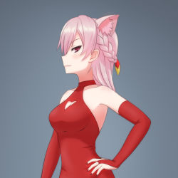 Rule 34 | 1girl, alternate costume, animal ear fluff, animal ears, artist name, bare shoulders, braid, breasts, bridal gauntlets, cat ears, cleavage, cleavage cutout, closed mouth, clothing cutout, detached sleeves, dress, facing to the side, french braid, full body, gloves, grey background, hair ornament request, halter dress, halterneck, hand on own hip, long sleeves, looking at viewer, medium breasts, mitsurugi lia, nail polish, partially fingerless gloves, pink eyes, pink hair, profile, red dress, red footwear, red nails, red sleeves, shadow, side braid, signature, solo, standing, virtual youtuber, wactor production, zero (73ro)