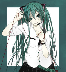 Rule 34 | 1girl, bad id, bad pixiv id, female focus, green eyes, green hair, hatsune miku, head tilt, headset, long hair, matching hair/eyes, microphone, ogipote, solo, twintails, vocaloid