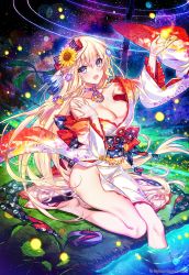 Rule 34 | 1girl, age of ishtaria, blonde hair, blue eyes, bra, clothing request, company name, copyright notice, fireflies, floral print, flower, grass, hair flower, hair ornament, highres, japanese clothes, kimono, lace, lace bra, long hair, meru (age of ishtaria), munlu (wolupus), night, night sky, obi, off shoulder, official art, open mouth, sash, sky, slippers, soaking feet, solo, tower, underwear, water