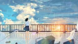 Rule 34 | 1girl, bag, barefoot, black hair, black skirt, blue sky, blurry, blurry foreground, cityscape, cloud, cloudy sky, collared shirt, evening, facing up, floating clothes, floating hair, from behind, full body, high-waist skirt, highres, long hair, original, outstretched arms, papers, pleated skirt, railing, rain, reflection, reflective floor, rooftop, scenery, school bag, shirt, shirt tucked in, shoes, unworn shoes, short sleeves, shurock, skirt, sky, solo, sunset, transparent, transparent umbrella, umbrella, white shirt, wide shot, wind