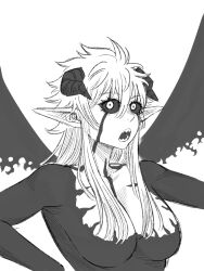 Rule 34 | 1girl, black clover, breasts, demon girl, demon horns, demon wings, female focus, female liebe (black clover), female version, genderswap, genderswap (mtf), highres, honexstage, horns, large breasts, liebe (black clover), long hair, monochrome, open mouth, pointy ears, sharp teeth, simple background, sketch, teeth, white background, wings