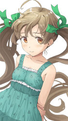 Rule 34 | 1girl, ahoge, arms behind back, bare shoulders, blush, bow, brown hair, collarbone, dress, dutch angle, frilled dress, frills, green bow, green dress, green ribbon, hair bow, hair ribbon, hakozaki serika, idolmaster, idolmaster million live!, looking at viewer, orange eyes, print dress, ribbon, sidelocks, simple background, smile, solo, twintails, upper body, white background, yoropa