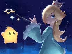 Rule 34 | blonde hair, blue background, blue dress, blue eyes, closed mouth, commentary request, cross, cross earrings, crown, dress, earrings, from side, hair over one eye, hand up, holding, jewelry, long sleeves, looking at viewer, looking to the side, mario (series), na (oagenosuke), nintendo, one eye covered, rosalina, smile, solo, standing, star (symbol), super mario galaxy, wand, wide sleeves