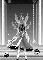 Rule 34 | 1girl, bow, commentary request, detached sleeves, frilled bow, frilled skirt, frills, full body, gohei, greyscale, hair bow, hakurei reimu, holding, holding gohei, houzuki (hotondo), indoors, long sleeves, magician&#039;s aerial dream, monochrome, orb, scarf, skirt, socks, solo, touhou, vest, white sleeves, yin yang, yin yang orb