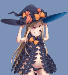 Rule 34 | 1girl, abigail williams (fate), abigail williams (second ascension) (fate), absurdres, bad id, bad pixiv id, bare arms, black hat, black panties, blonde hair, blue background, bow, breasts, butterfly wings, commentary request, fate/grand order, fate (series), hand on headwear, hat, hat bow, highres, insect wings, kairopoda, keyhole, long hair, looking at viewer, navel, orange bow, panties, polka dot, polka dot bow, red eyes, revealing clothes, simple background, small breasts, smile, solo, stuffed animal, stuffed toy, teddy bear, underwear, very long hair, wings, witch hat