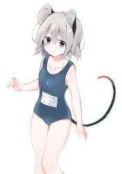 Rule 34 | 1girl, akagashi hagane, alternate costume, animal ears, arm at side, bare arms, blue one-piece swimsuit, blush, closed mouth, collarbone, dot nose, eyelashes, flat chest, grey hair, hair between eyes, hand up, jewelry, looking at viewer, mouse ears, mouse tail, nazrin, necklace, new school swimsuit, one-piece swimsuit, pendant, raised eyebrow, red eyes, school swimsuit, short hair, simple background, solo, striped tail, swimsuit, tag, tail, touhou, white background