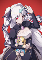 Rule 34 | 1girl, artia, breasts, chinese commentary, civia, cleavage, corrupted metadata, highres, holding, holding stuffed toy, hololive, hololive china, ice horns, medium breasts, red background, red eyes, solo, stuffed toy, two side up, virtual youtuber, white hair, xigao gao