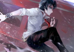 1boy, bangs, black hair, black pants, blue eyes, bracelet, character request, check copyright, collared shirt, copyright request, earbuds, earphones, from side, ground vehicle, holding, jewelry, looking at viewer, male focus, maplestory, necktie, pants, red neckwear, running, shirt, short hair, sideways glance, solo, train, vardan, white shirt, wrist cuffs