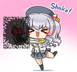 Rule 34 | &gt; &lt;, 1girl, asimo953, beret, blush, brand name imitation, breasts, buttons, chibi, cola, commentary request, employee uniform, epaulettes, fluttering heart illusion, frilled sleeves, frills, full body, gloves, gradient background, hat, jacket, kantai collection, kashima (kancolle), kerchief, kneehighs, long hair, long sleeves, meme, optical illusion, pleated skirt, shaking, sidelocks, silver hair, simple background, skirt, smile, socks, soda bottle, solo, twintails, uniform, wavy hair, white gloves, white jacket