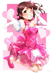 Rule 34 | 1girl, absurdres, bad id, bad pixiv id, bare shoulders, bow, brown hair, dress, elbow gloves, frills, gloves, grin, hair bow, hair ornament, hairclip, heart, heart background, high heels, highres, idolmaster, idolmaster million live!, kasuga mirai, looking at viewer, moment (moment 607), no socks, one eye closed, one side up, pink dress, pointing, pointing at viewer, short hair, smile, solo, white gloves, yellow eyes