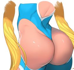 Rule 34 | 1girl, ass, ass focus, back cutout, blonde hair, blue leotard, breasts, cleavage, clothing cutout, curvy, formal, from behind, heart cutout, leotard, long hair, non-web source, rainbow mika, simple background, solo, street fighter, suit, swimsuit, twintails, very long hair, white background