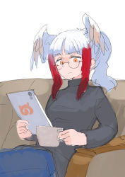 Rule 34 | 1girl, absurdres, alternate costume, alternate hairstyle, bird girl, bird wings, black sweater, casual, commentary request, couch, cup, denim, glasses, head wings, highres, hozumi sousei, japanese crested ibis (kemono friends), japari symbol, jeans, kemono friends, long sleeves, mug, multicolored hair, orange eyes, pants, pony (animal), red hair, sidelocks, sitting, solo, sweater, tablet pc, turtleneck, turtleneck sweater, two-tone hair, white hair, wings