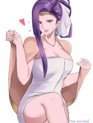 Rule 34 | 1girl, :d, absurdres, bangle, bare legs, black eyes, bracelet, breasts, cape, cleavage, earrings, female focus, fire emblem, fire emblem gaiden, hands up, headpiece, heart, highres, jewelry, large breasts, legs, crossed legs, long hair, looking at viewer, naked towel, neck, necklace, nintendo, open mouth, purple hair, simple background, sitting, smile, solo, sonya (fire emblem gaiden), tiara, tommy (kingdukeee), towel, twitter username, very long hair, white background, white towel