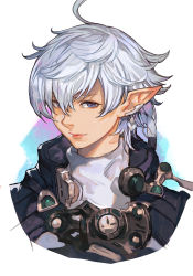 Rule 34 | 1boy, alphinaud leveilleur, androgynous, blue eyes, final fantasy, final fantasy xiv, grey hair, hungry clicker, lips, looking at viewer, male focus, pointy ears, portrait, solo, square enix, upper body