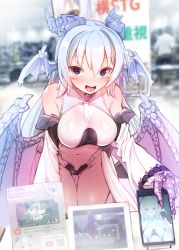 Rule 34 | 1girl, :d, absurdres, bare shoulders, blue eyes, blurry, blurry background, blush, breasts, cellphone, collarbone, commentary request, cowboy shot, demon girl, demon horns, demon wings, depth of field, detached sleeves, fangs, gloves, gluteal fold, groin, harigane shinshi, head wings, highres, holographic interface, horns, indoors, large breasts, leaning forward, leotard, long hair, long sleeves, looking at viewer, low wings, navel, open mouth, original, phone, silver hair, smartphone, smile, solo, spikes, thigh gap, very long hair, white gloves, white wings, wings