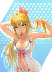 Rule 34 | 1girl, adjusting hair, arm up, armpits, babydoll, bare shoulders, blonde hair, blue background, blue eyes, blush, bow, bow panties, breasts, character request, chinese commentary, cleavage, closed mouth, collarbone, commentary request, cowboy shot, dated commentary, flower, hair bow, hair flower, hair ornament, hair ribbon, hairband, highres, large breasts, long hair, looking at viewer, mouth hold, navel, panties, pecorine (princess connect!), pecorine (summer) (princess connect!), polka dot, polka dot background, ponytail, princess connect!, red bow, red ribbon, ribbon, ribbon in mouth, see-through, siebencooper, smile, standing, stomach, underwear, white hairband, white panties