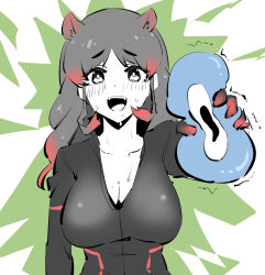 Rule 34 | 1girl, animal ears, arm at side, arm up, blush, breasts, cellien (kemono friends), cleavage, collarbone, collared jacket, crushing, extra ears, furrowed brow, gloves, high collar, hippopotamus (kemono friends), hippopotamus ears, holding, jacket, jaggy lines, kemono friends, large breasts, long hair, long sleeves, looking at viewer, multicolored hair, open clothes, open mouth, outstretched arm, plunging neckline, red hair, sidelocks, sketch, smile, sweat, trembling, wagom